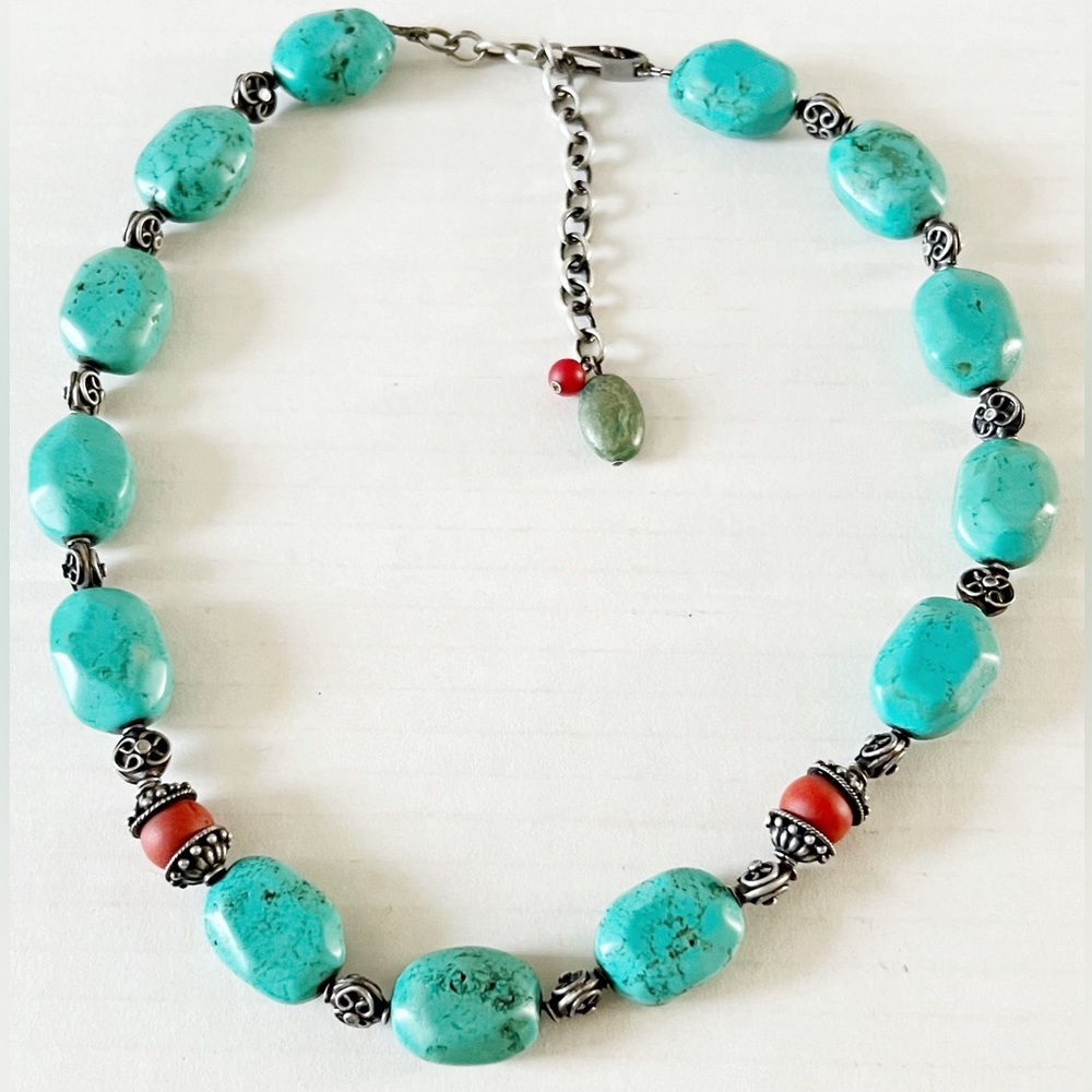 Vintage Silver Native American Necklace Turquoise and Coral Gemstone